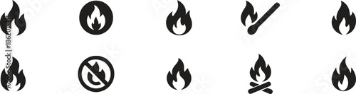 Set of Fire Icons with Flames and Burning Effects Illustrations Isolated on Checkered Background Two Rows and Eleven Objects 200 Characters