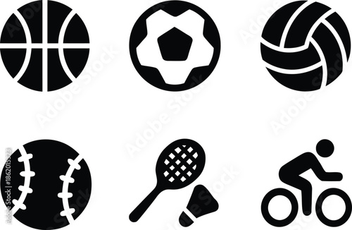 Set of Sport Balls Equipment and Cyclist on Transparent Background Featuring Basketball Soccer Volleyball Baseball Badminton and Cycling Icons Two Hundred Characters