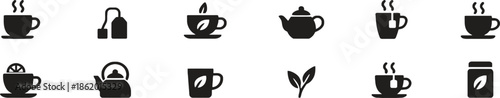 Set of Tea Icons Beverage Collection Cup Teapot and Leaves Isolated on Transparent Background Black Vector Illustration for Cafe Restaurant Menu Infographics