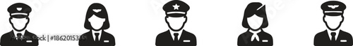 Set of Uniformed Professional Avatars in Black Silhouette Style Featuring Pilot Air Hostess with Hat and Formal Attire on Transparent Backdrop Ideal for Aviation Industry