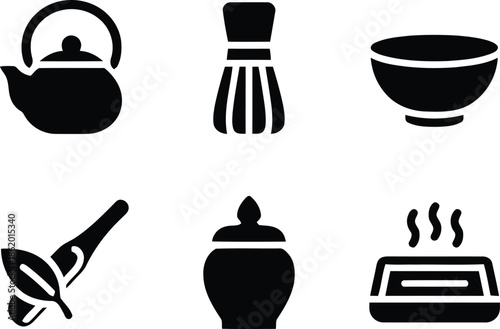 Tea ceremony icons including teapot, whisk, bowl, spoon, sugar pot, and steamer for oriental beverage preparation and kitchenware designs