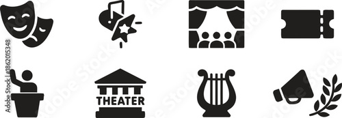 Theater And Drama Icons Collection Featuring Masks Spotlight Stage Ticket Podium Building Lyre And Megaphone For Performance Arts Entertainment And Presentations