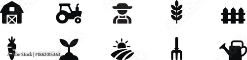 Agriculture And Farming Icons Collection Featuring Barn Tractor Farmer Wheat And Fence Carrot Sprout Sunrise Pitchfork And Watering Can For Cultivation Harvesting Growth