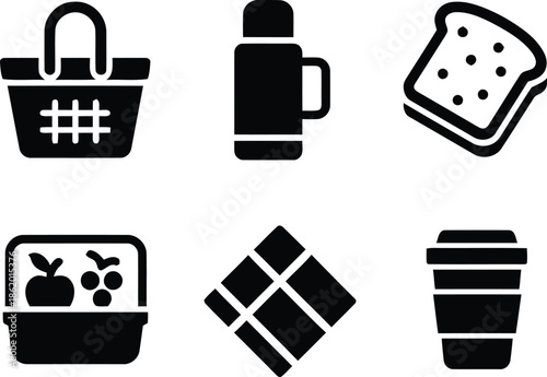 Assortment of picnic and food icons featuring basket, thermos, bread slice, fruit basket, napkins, and coffee cup for outdoor meal and takeaway concepts