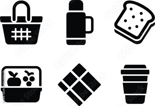Assortment of picnic and food icons featuring basket, thermos, bread slice, fruit basket, napkins, and coffee cup for outdoor meal and takeaway concepts