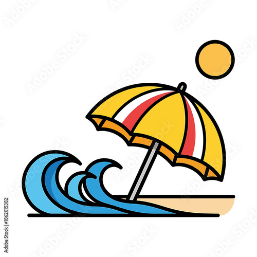 A vibrant beach scene with a yellow umbrella and crashing waves under a sunny sky