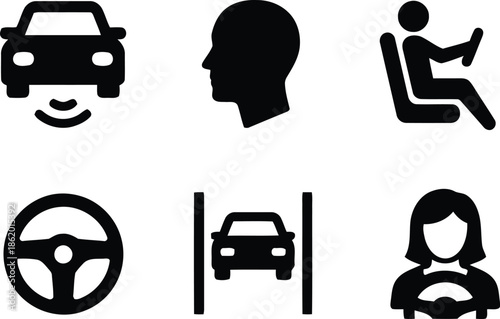 Autonomous driving icon set featuring car driver steering wheel road safety vehicle assistance system and technology design isolated on transparent background for modern transportation