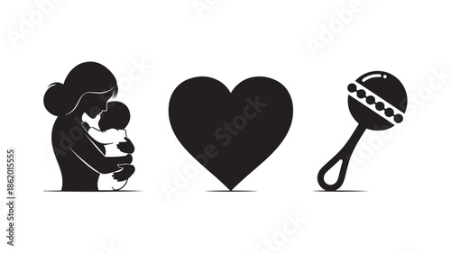 Mother and Child Silhouette with Heart and Rattle in Simple Monochrome Design for Parenting Icon