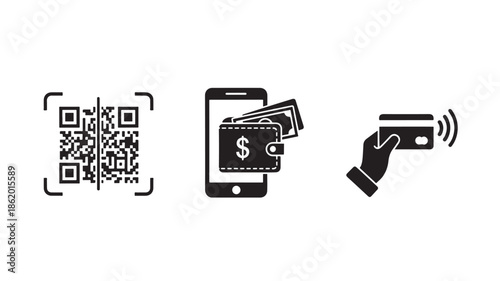 Mobile Payment Icons in Minimalist Style with Black Color on White Background for Financial Illustration