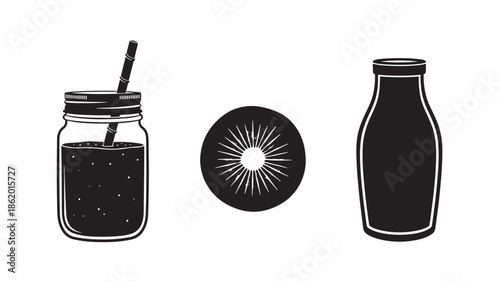 Black Sesame Milk in Minimalist Glass Bottle and Cap with Straw on White Background for Healthy Beverage Advertising