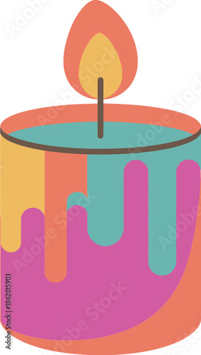 Colorful Candle Vector Graphic Illustration with Melting Wax and Flickering Flame for Design Projects