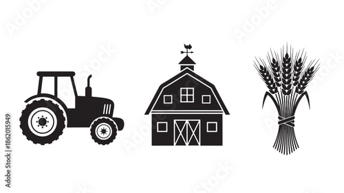 Tractor, barn, and wheat sheaf in simple black silhouette for agricultural icon set