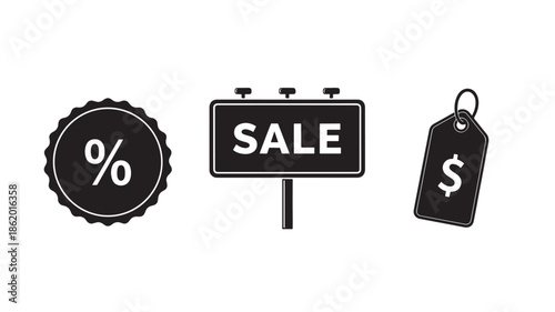 Sale icons in minimalist black and white design with percentage symbol and dollar sign for e-commerce promotions