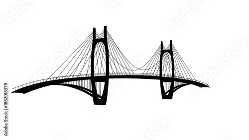Silhouette of a modern cable stayed bridge against a white background