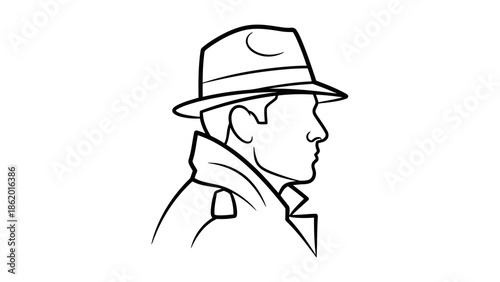 Stylized profile of a man in a fedora and trench coat