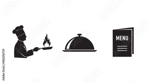 Chef Serving Flaming Dish with Cloche and Menu in Monochrome Silhouette for Restaurant Branding