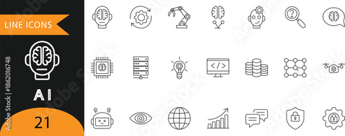 A modern vector set of 21 AI line icons featuring machine learning, neural networks, robotics, data processing, automation, and security symbols. Ideal for technology presentations, AI infographics, s