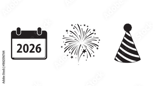 New Years celebration icons in simple black and white design with festive elements for party invitation