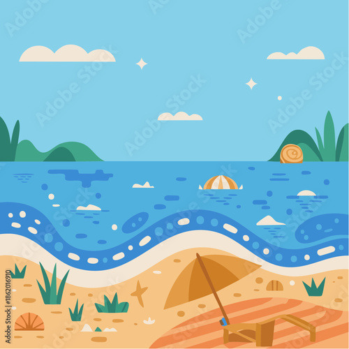 Beach with sandy shore and blue ocean water on shore