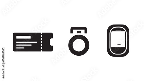 Ticket, Stopwatch, and Mobile Phone Icons in Simple Flat Design with Black Color on White Background for UIUX