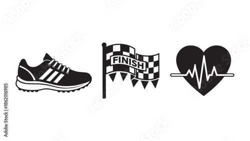 Running shoe with checkered finish line flag and heartbeat heart symbol in minimalist black and white illustration for fitness branding