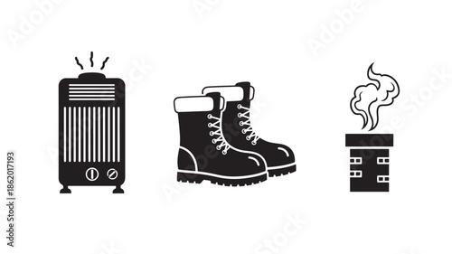 Winter footwear and heating elements in monochrome illustration with warm glow for cold weather advertising