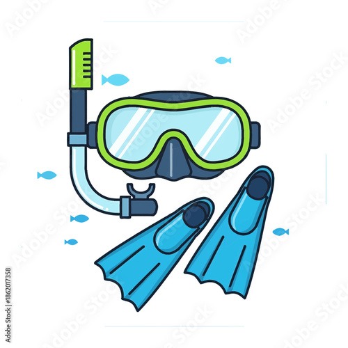 Snorkeling gear illustration with mask, flippers, and snorkel surrounded by fish in the ocean
