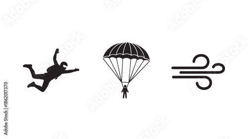 Parachutist Silhouette in Free Fall with Open Parachute and Wind Symbol in Minimalist Black Design for Adventure Icon