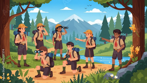 Young Scouts Hiking in Forest with Backpacks and Cameras near Lake and Mountains