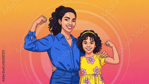 Strong Mother and Daughter Flexing Muscles Together, Cartoon Illustration, Vibrant Background