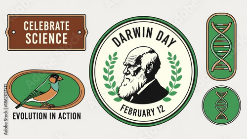 Darwin Day Celebration with Evolution Symbols and DNA on February 12