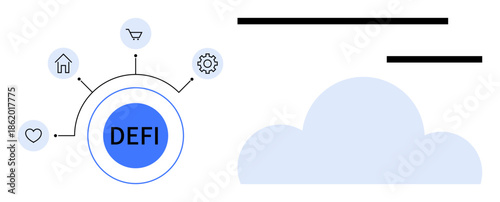 Decentralized finance, fintech, blockchain transactions, digital innovation, cloud storage, financial systems. Circular layout shows DEFI with icons for shopping, housing gear heart. Decentralized