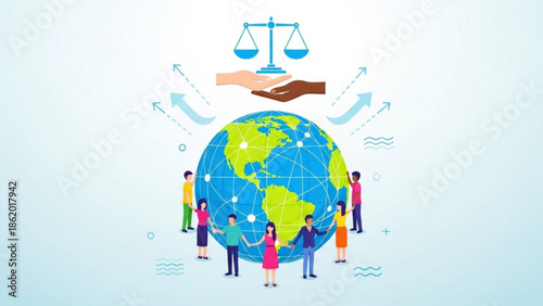 Global Justice and Equality Concept with People Standing Around Earth