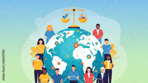Diverse People Around Globe with Scales of Justice, Symbolizing Global Equality and Fairness