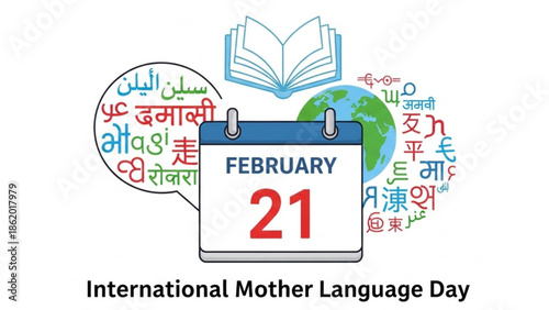 International Mother Language Day Calendar with Globe and Language Symbols