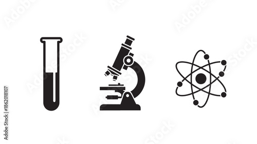 Laboratory Icons in Simple Flat Design with Black Silhouettes on White Background for Science Education