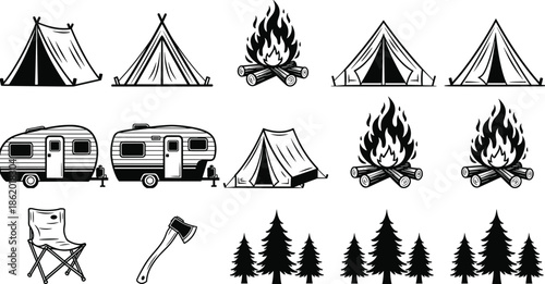 Collection of camping tents, campfire, caravan trailer and outdoor adventure icons in black vector illustrations for travel and wilderness design