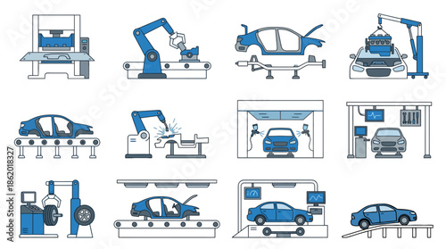 Automotive manufacturing and repair process with industrial robots and equipment