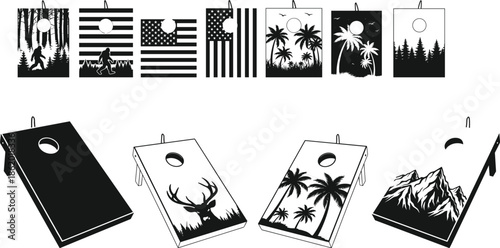 Collection of cornhole board designs with bigfoot, nature, palm trees and mountain silhouettes in black vector icons for outdoor games