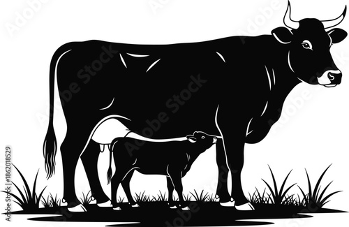 Cow with calf standing together in field grass, black livestock silhouette illustration of farm animal motherhood for agriculture themes