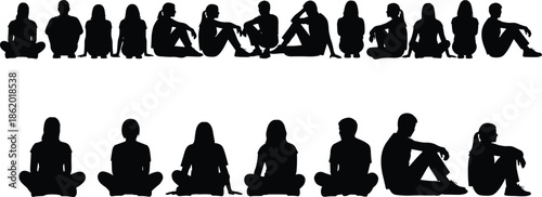 Group of people sitting silhouettes collection, men and women seated poses, casual human figures vector illustration design set