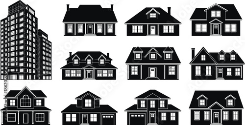 House and building silhouette collection with residential home architecture styles, real estate property vector illustration set for design and planning