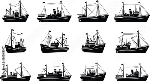 Set of vintage fishing boat silhouettes, nautical trawler ships collection, maritime fleet vector illustration on white background isolated