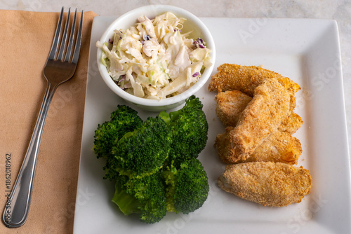 haddock bites  with broccoli and cole slaw