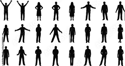 Silhouette collection of diverse people standing and posing in various body postures on white background for crowd and community design