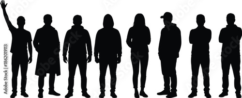 Silhouette group of modern people standing in casual streetwear, diverse men and women illustration for lifestyle, community and urban concepts