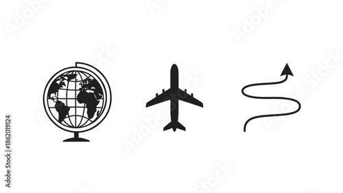 Globe with airplane and flight path in simple flat design on white background for travel advertising