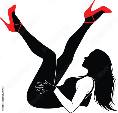 Silhouette of elegant woman lying on back with legs raised wearing high heels, fashion pose illustration symbolizing beauty and femininity