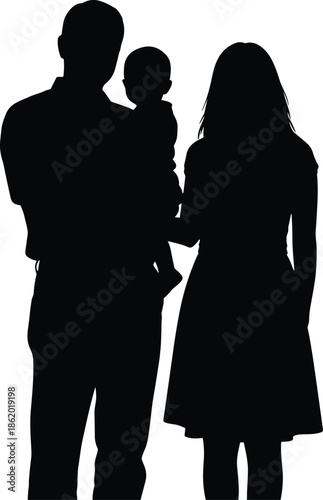 Silhouette of family with father mother and baby standing together parenthood love and care concept on white background