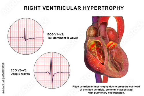 Fotografija Right ventricular hypertrophy, 3D illustration showing thickened right ventricular myocardium with ECG examples in leads V1-V2 and V5-V6 demonstrating characteristic voltage changes